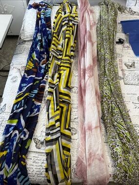 Four Lightweight Patterned Scarves - Blue, Yellow, Pink, Green